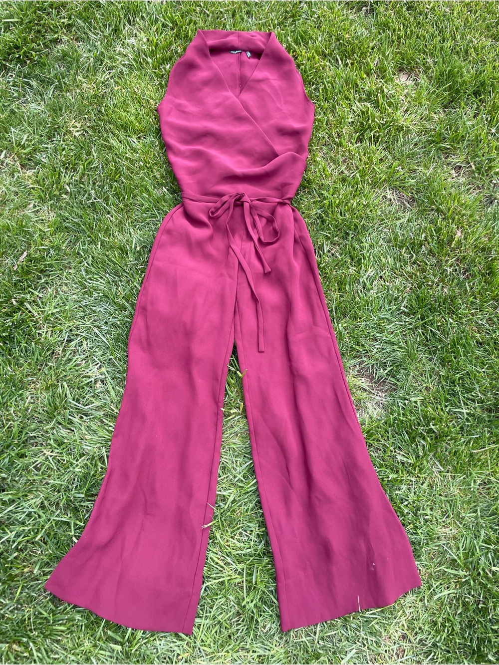 Marciano Wine Red Wrap Neck Wide Leg Jumpsuit with Waist Tie - 4